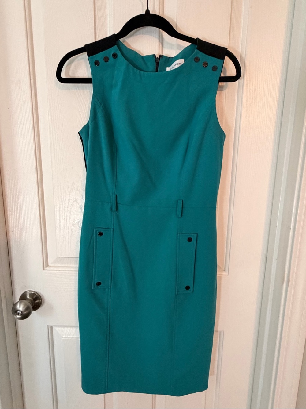 Calvin Klein Teal Sheath Dress with Black Shoulder Panels
